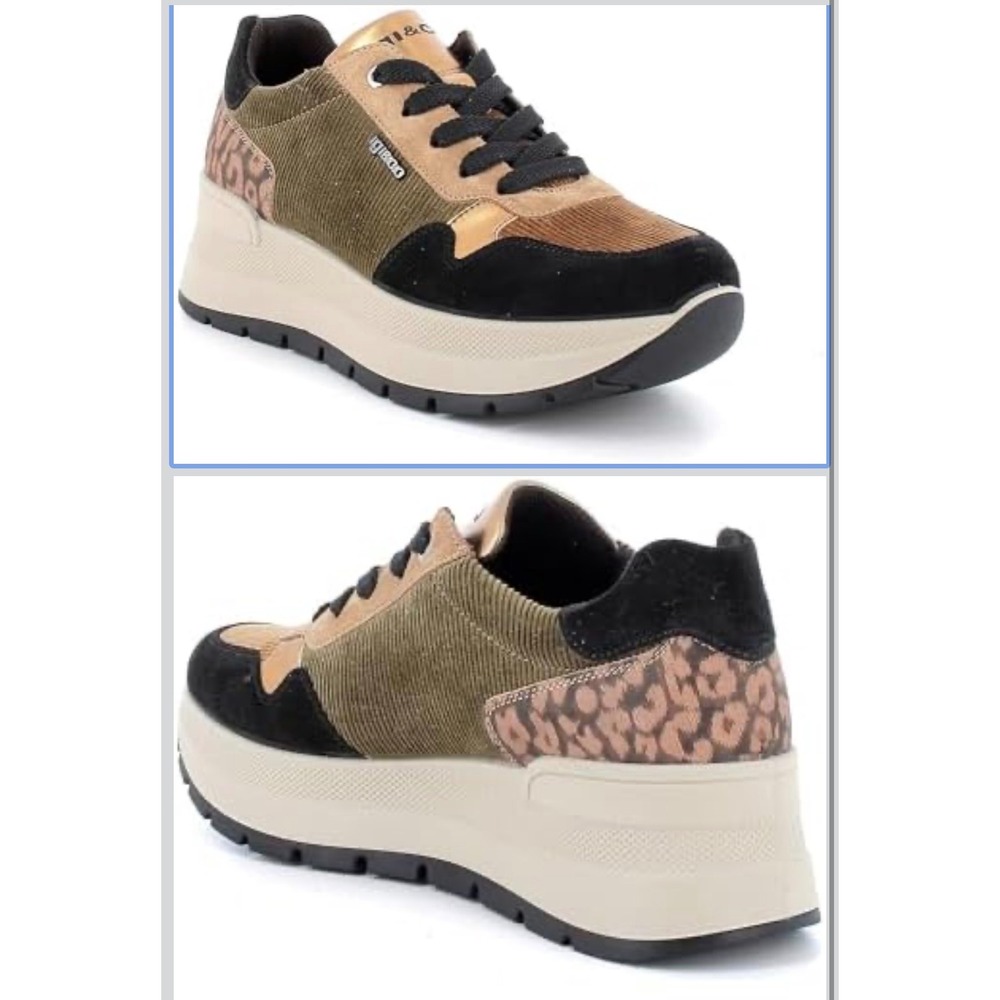 NIB IGI&Co Womens D kola Oxford Wedge Sneakers Black Brown Leopard Sz 6 36